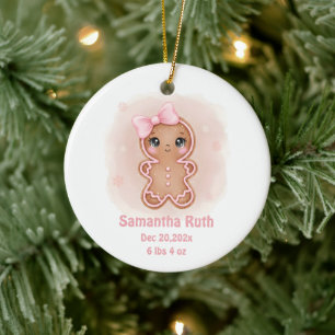 Newborn Baby Girl Birth Stats Gingerbread Photo Ceramic Ornament