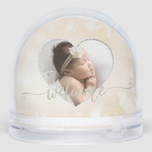 Newborn Baby Girl Custom 2Photo Welcome Script Snowglobe