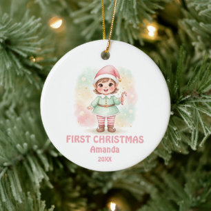 Newborn Baby Girl First Christmas Elf Photo Ceramic Ornament