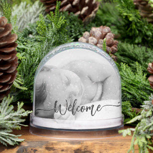 Newborn baby girl keepsake -2photo welcome script snowglobe