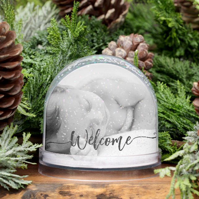 Newborn baby girl keepsake -2photo welcome script snowglobe (Winter)