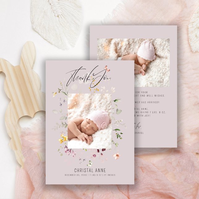 Newborn Baby Girl Lilac Thank You Photo Birth  Announcement (Creator Uploaded)