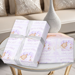 Newborn Baby Girl Name Purple Lavender Bear Wrapping Paper