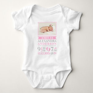 Newborn Baby Girl Pink Grey Birth Stats PHOTO Baby Bodysuit