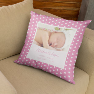 Newborn Baby Girl with Birth Stats and Photo Cushion