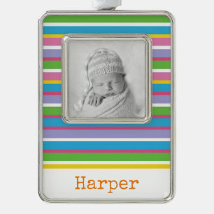 Newborn Baby Kids Photo Name Bright Stripes Modern Silver Plated Framed Ornament