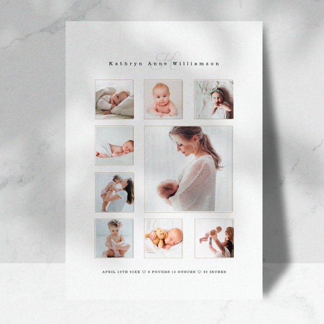 Newborn Baby Photo Collage & Monogram Birth Announcement (Creator Uploaded)