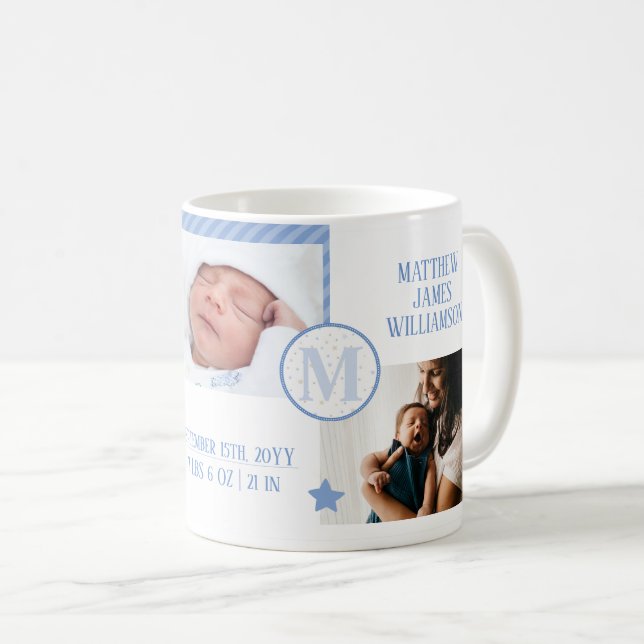 Newborn Baby Photo Collage, Monogram & Birth Stats Coffee Mug (Front Right)
