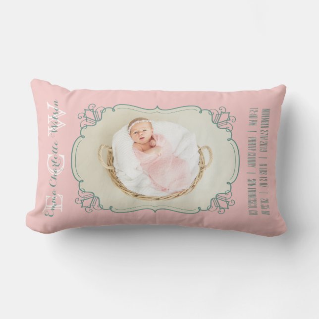 Newborn Baby Photo Monogram Blush Pink Green Frame Lumbar Cushion (Front)