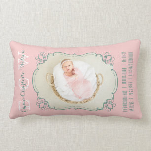 Newborn Baby Photo Monogram Blush Pink Green Frame Lumbar Cushion