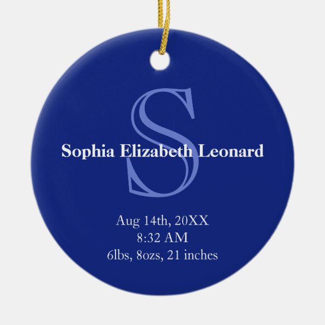 Newborn baby statistic monogram keepsake navy blue ceramic tree decoration (Front)