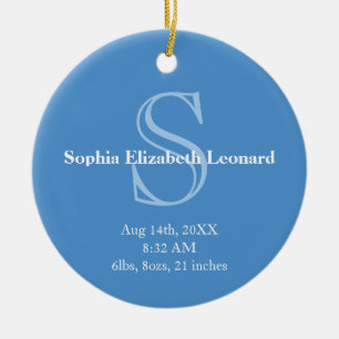 Newborn baby statistic monogram keepsake sky blue ceramic tree decoration
