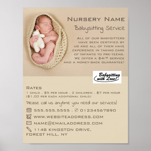 Newborn Baby & Teddy, Babysitter, Daycare, Nursery Poster (Front)