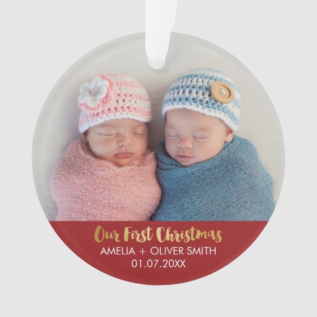 Newborn Baby Twins Photo Holiday Ornament (Front)