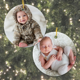 Newborn Baby Two Photo Christmas Ceramic Ornament