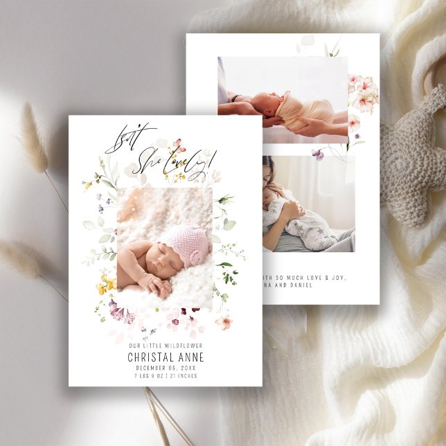 Newborn Boho Wildflower Photo Collage Girl Birth Announcement (Creator Uploaded)