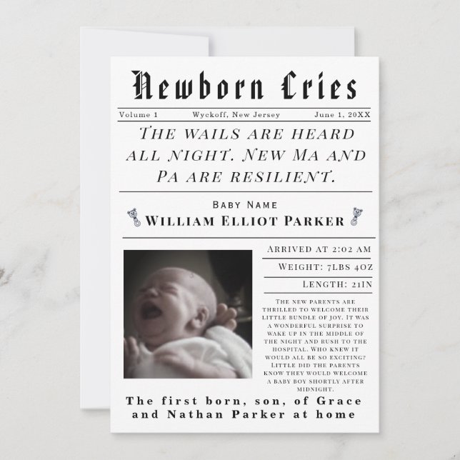 Newborn Cries Birth Announcement (Front)