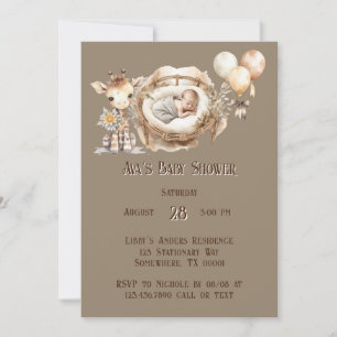 Newborn Earth Tone Giraffe Balloon Boy Baby Shower Invitation