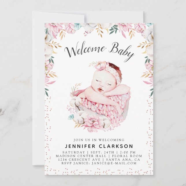 Newborn Floral Welcome Baby Invitation (Front)