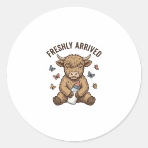 Newborn Highland Calf Baby Announcement Design Classic Round Sticker