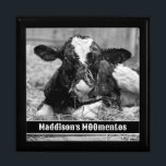 Newborn Holstein Calf MOOmentos Gift Box<br><div class="desc">This beautiful trinket box has an image of a black and white newborn Holstein calf sitting on some hay with a black band across the bottom that you can personalise with a name before the word,  "MOOmentos" making this a fun play-on-word for yourself or a gift for someone else.</div>