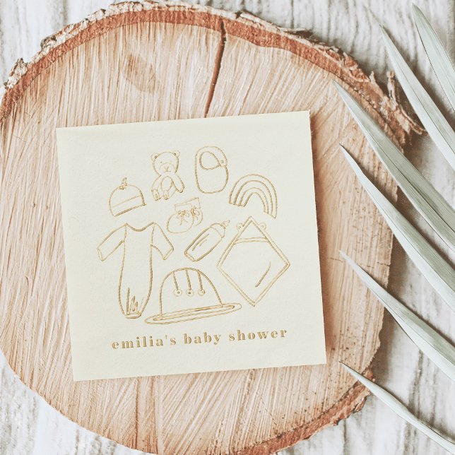 Newborn Illustrations Baby Shower Foil Napkins (Newborn Illustrations Baby Shower Gold Foil Personalized Napkins)