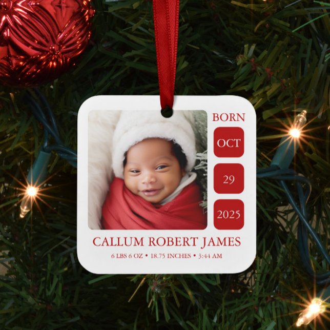 Newborn Photo Baby Birth Stats Christmas Ornament (Creator Uploaded)