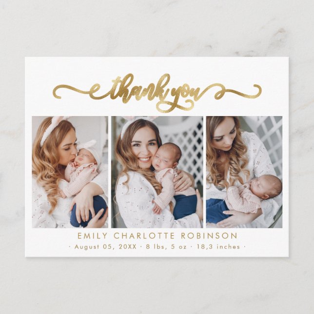 Newborn Photo Collage Modern Gold Script Thank You Postcard (Front)