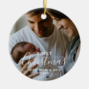 Newborn Photo First Christmas With Mum And Dad Ceramic Ornament