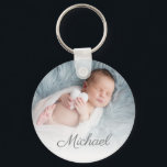newborn photo personalised  key ring<br><div class="desc">elegant personalised text  with a photo of a newborn baby.</div>