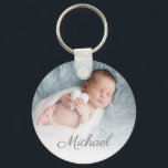 newborn photo personalised  key ring<br><div class="desc">elegant personalised text  with a photo of a newborn baby.</div>