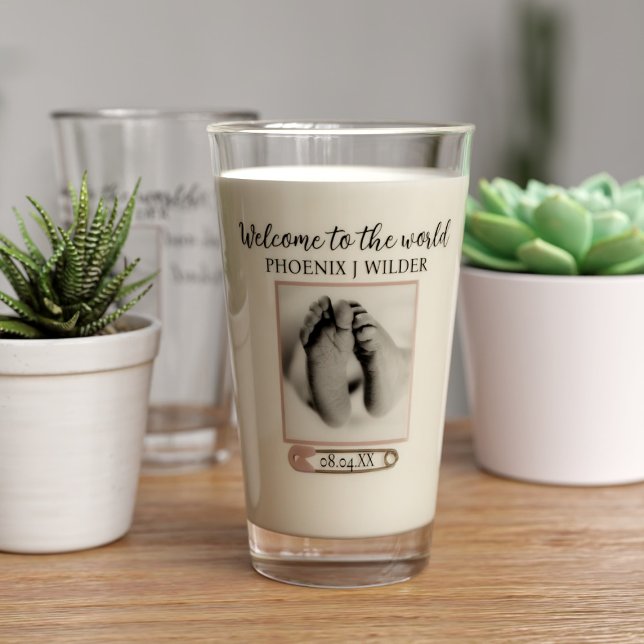 Newborn Photo Welcome Baby Girl Proud Parent Glass (Welcome to the world little one. Just add your name and upload a photo to this lovely keepsake glass)