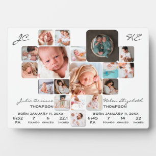 Newborn Twin Babies Stats Photo Collage Monogram Plaque