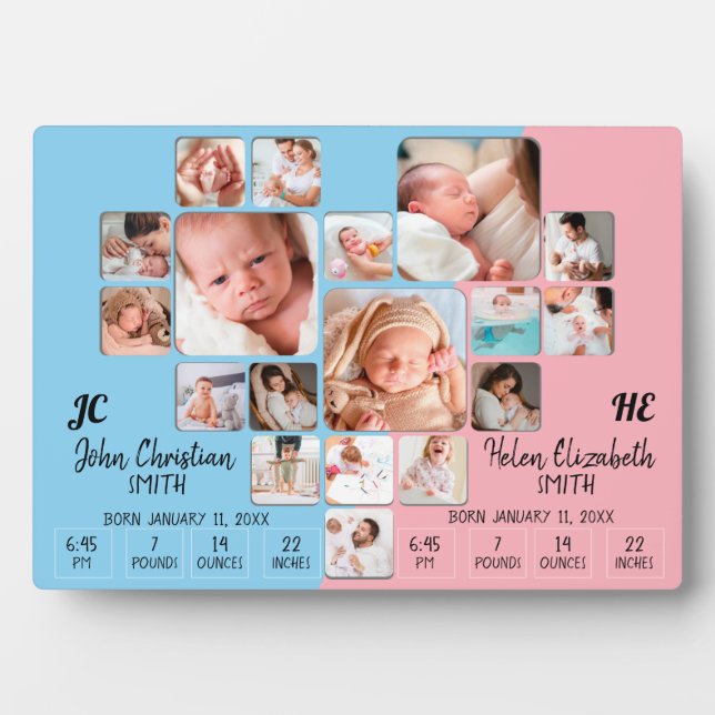 Newborn Twin Baby Stats Photo Collage Monogram Plaque (Front)