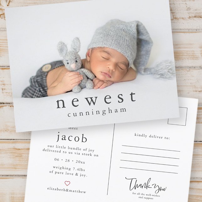 Newest Family Member Modern Chic Baby Birth Announcement Postcard (Creator Uploaded)