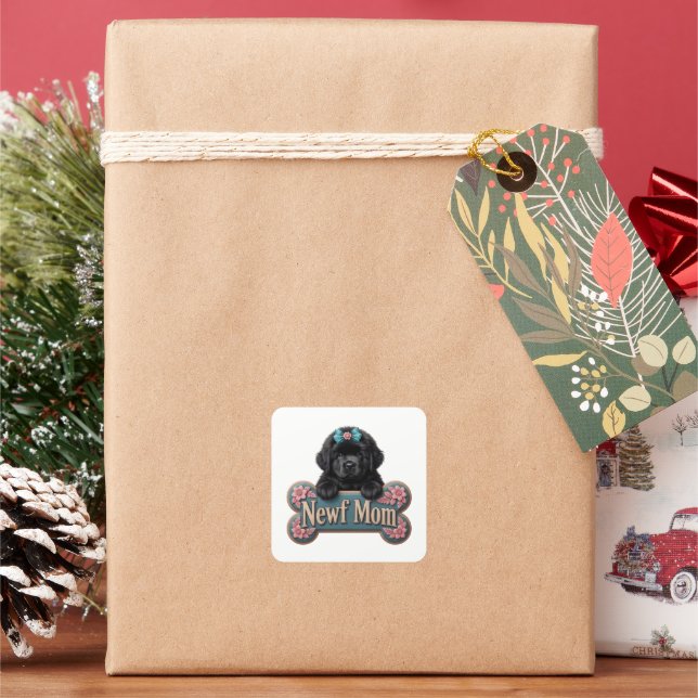 Newf Mum Bone Square Sticker (Holiday)