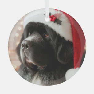 Newfie Pup Wearing a Santa Hat Glass Tree Decoration