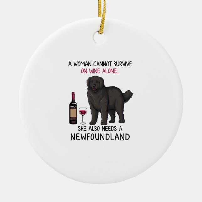 Newfoundland and wine Funny dog  Ceramic Ornament (Front)