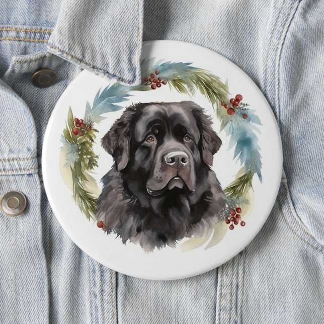 Newfoundland Christmas Wreath Festive Pup  6 Cm Round Badge (In Situ)