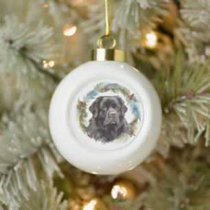 Newfoundland Christmas Wreath Festive Pup  Ceramic Ball Christmas Ornament