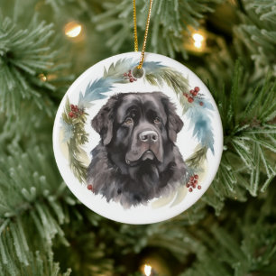 Newfoundland Christmas Wreath Festive Pup  Ceramic Ornament