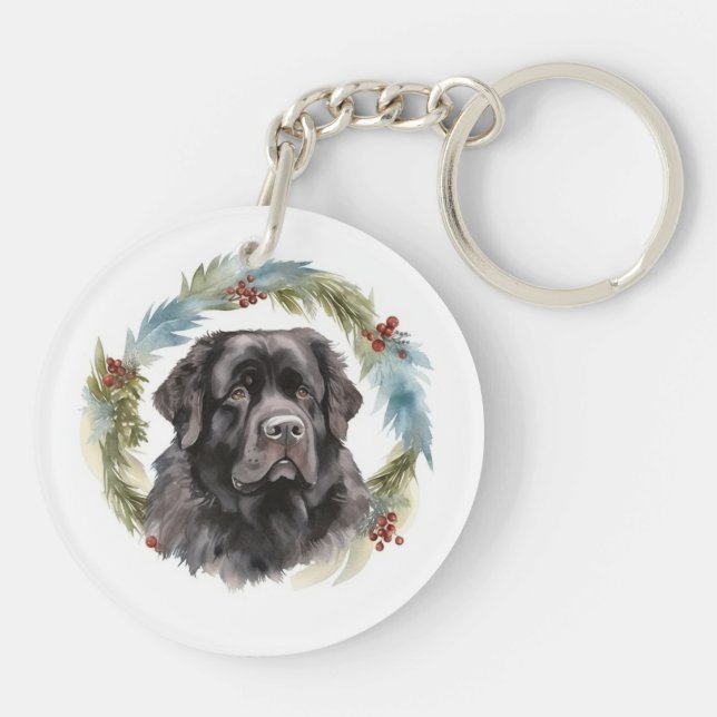 Newfoundland Christmas Wreath Festive Pup  Key Ring (Back)