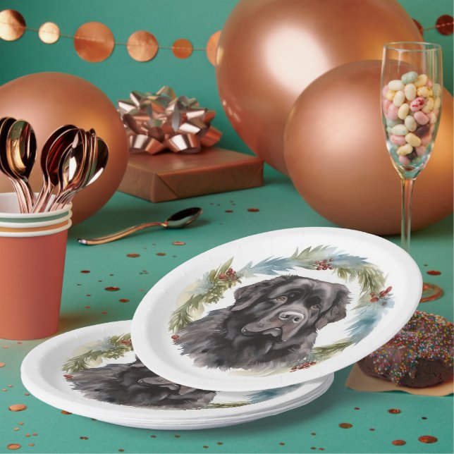 Newfoundland Christmas Wreath Festive Pup  Paper Plate (Multi)