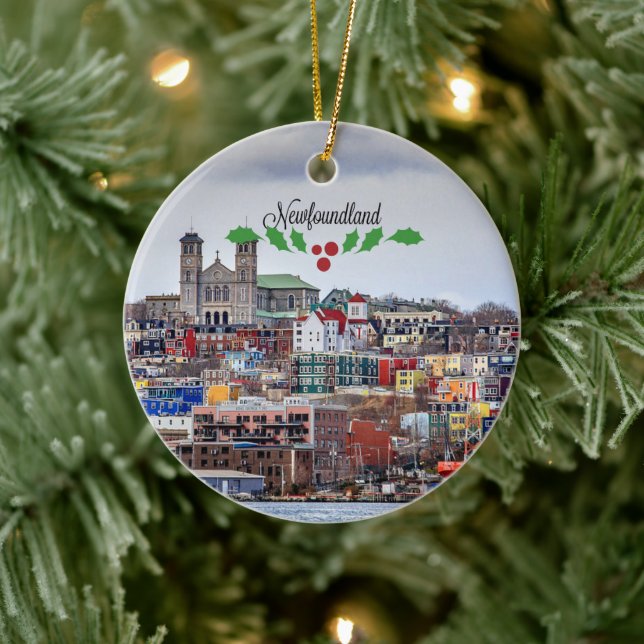 Newfoundland, cityscape with Christmas holly Ceramic Ornament (Tree)