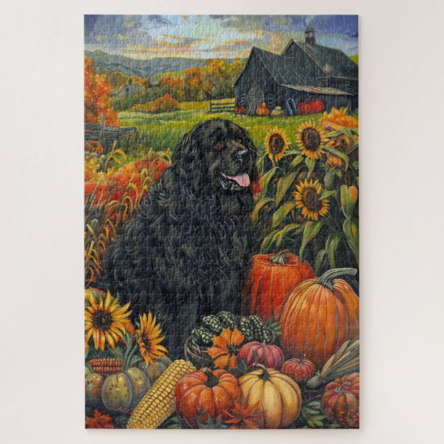 Newfoundland Dog Autumn Harvest Thanksgiving Jigsaw Puzzle (Vertical)