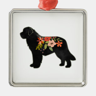 Newfoundland Dog Breed Boho Floral Silhouette Metal Ornament