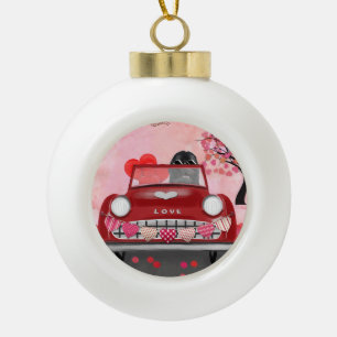 Newfoundland Dog Car with Hearts Valentine's  Ceramic Ball Christmas Ornament