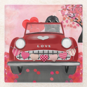 Newfoundland Dog Car with Hearts Valentine's  Glass Coaster