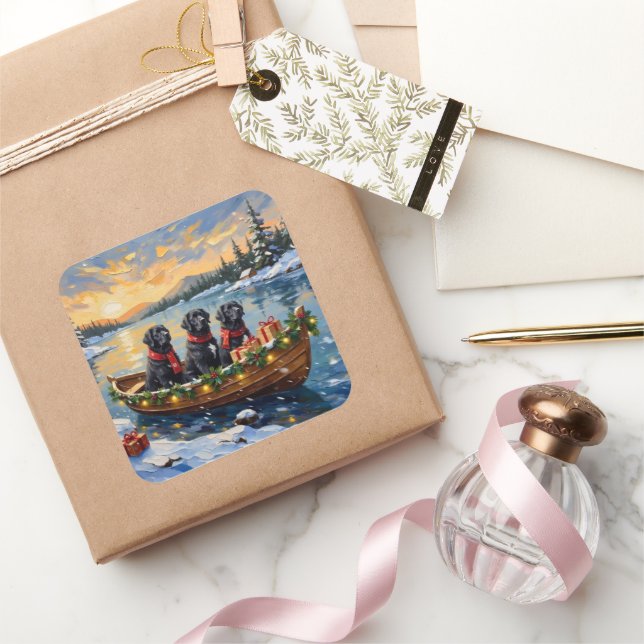 Newfoundland Dog Christmas Boat Holiday Square Sticker (Gifting)