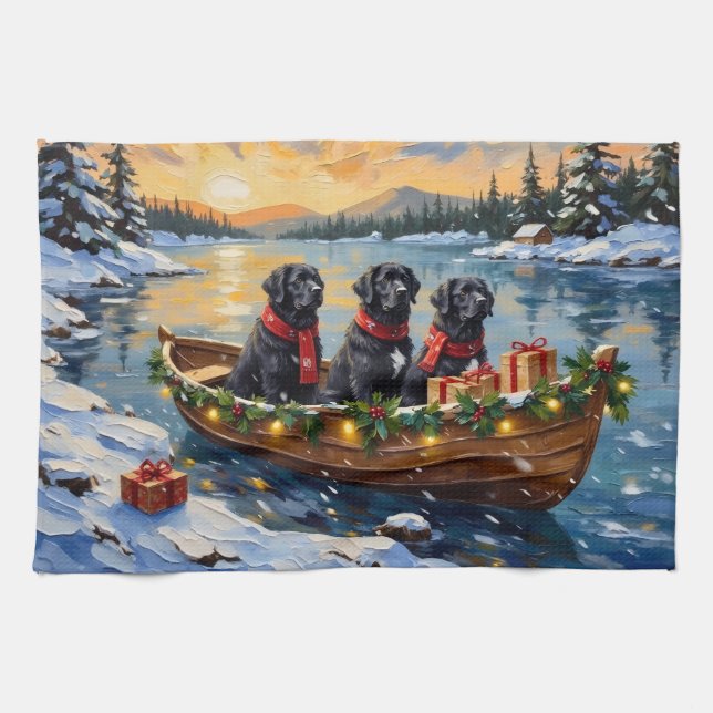 Newfoundland Dog Christmas Boat Holiday Tea Towel (Horizontal)